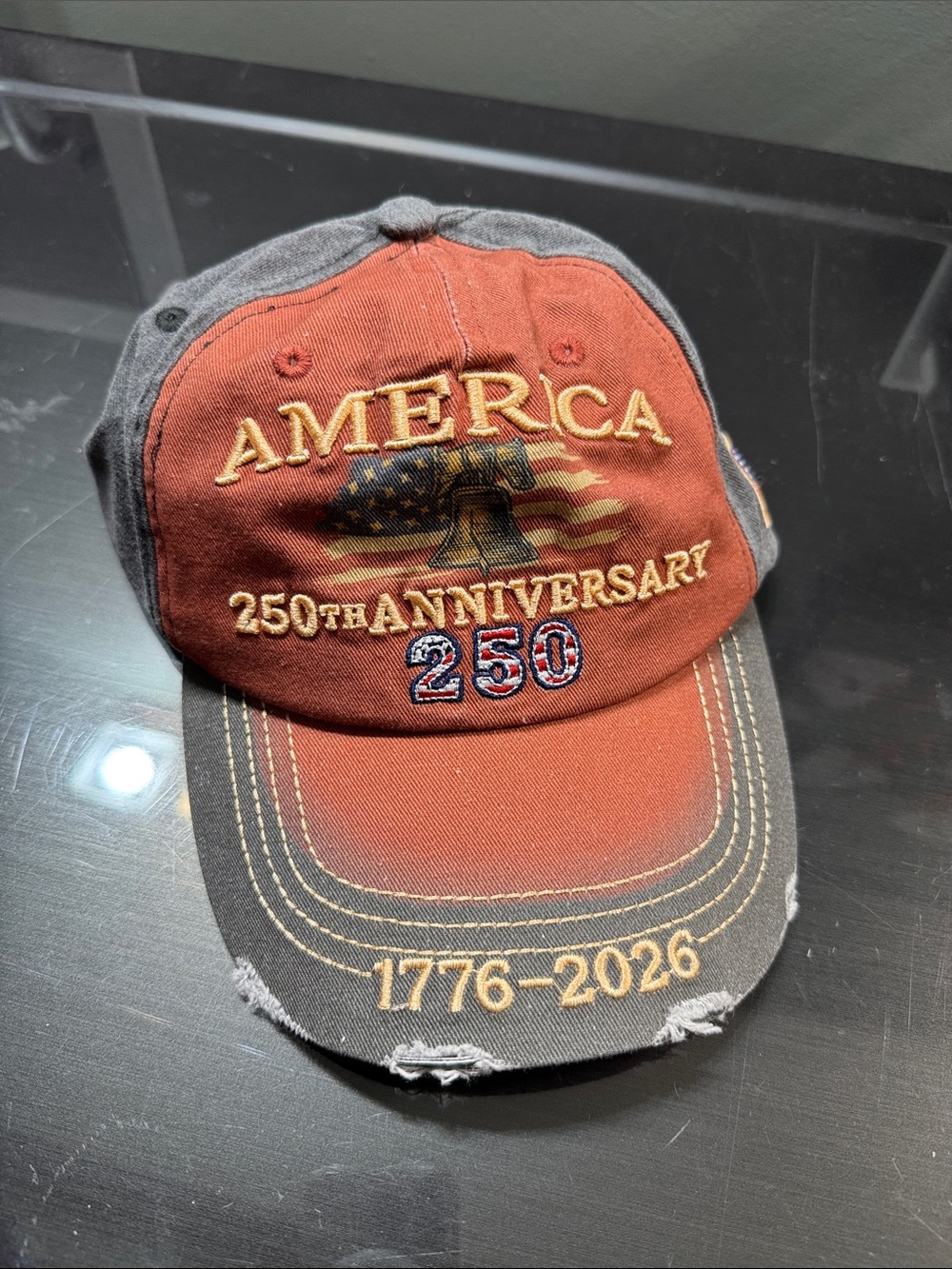 America 250th Anniversary Flag Baseball Cap - Red & Gray distressed one size hat